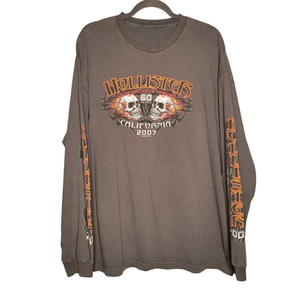 Y2K Grunge Hollister Motorcycle 2007 Skull‎ Graphic Long Sleeve Shirt Mens XL